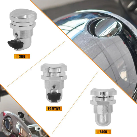 Chrome Push Button Fuel Door Gas Cap Latch Kit for Electra Glide Touring Bikes, side and back view, fits 1992-2025 models
