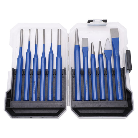 Pro Grade 12 Piece Chisel Punch Kit With Cylindrical Conical And Flat Center Punches Heavy Duty CRV V Steel in storage box