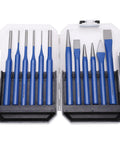 12 Piece Chisel Punch Kit For Engraving And Punching Tools with blue handles in an open lockable plastic box