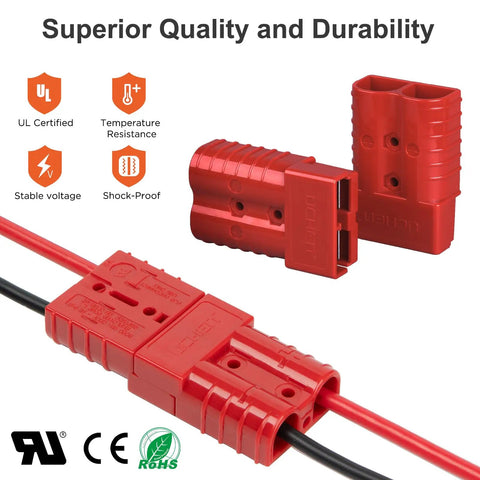 Close-up of red 2-4 Gauge Battery Quick Connectors 175A Powerpole Kit For 12V-36V Winches ATVs with certs and labels