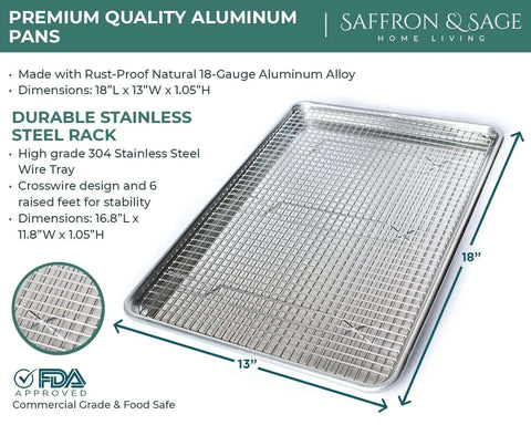 Heavy Duty Aluminum Half Sheet Pan With Stainless Steel Cooling Rack Set, 13x18 Inches, commercial quality bakeware dimensions.