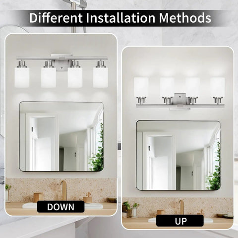 4-Light Nickel Modern Bathroom Vanity Light Fixture With Milky White Glass Shades For Mirror, Hallway, Bedroom, and Living Areas installation options