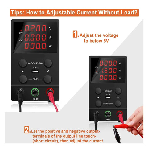 Adjustable DC Benchtop Power Supply 30V 5A 150W With Overvoltage Overcurrent Short Circuit And Overheat Protection Low Ripple Output Built Tough For Safer Lab Use, front view with output terminals