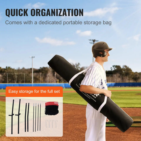 Person carrying 7x7 Ft Baseball And Softball Practice Net Portable Training Net For Hitting Batting Catching And Pitching Backstop With Carry Bag Ideal For Backyard And Field Use on a baseball field