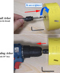Installing arbor mandrel on Four Inch Hole Saw Kit With Arbor Mandrel Bi-Metal Deep Cut For Wood Drywall Plywood Plastic And Thin Metal