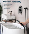 GRANDJOY 10" Ceiling Shower System with Handheld Spray, Matte Black, shown with stainless steel hose and tub.