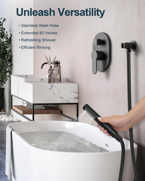 GRANDJOY 10" Ceiling Shower System with Handheld Spray, Matte Black, shown with stainless steel hose and tub.