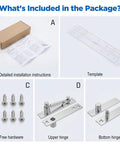 Rock Solid Stainless Steel Hidden Door Hinges Heavy Duty Pivot Hardware set including instructions, template, screws, upper and bottom hinges.