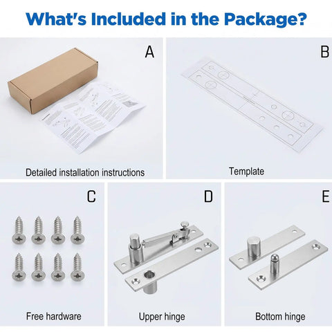 Rock Solid Stainless Steel Hidden Door Hinges Heavy Duty Pivot Hardware set including instructions, template, screws, upper and bottom hinges.