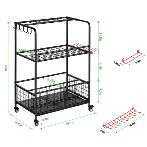 Garden Tool Organizer With Wheels Rugged Heavy Duty Metal Shelf Garage Tool Storage Rack With Hooks For Yard And Garden Large Capacity Utility Organizer For Shovels Rakes Cans Brooms Mops