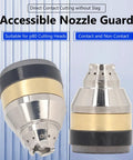 Pro Grade Cutting Nozzle Protective Cover For Handheld Plasma Cutters With Air Guide Slots And Heat Dissipation Holes Keeps Nozzle Cool Slim Design For Easy Slag Removal And Clean Cuts, showing nozzle guard with air slots and metal finish.