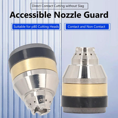 Pro Grade Cutting Nozzle Protective Cover For Handheld Plasma Cutters With Air Guide Slots And Heat Dissipation Holes Keeps Nozzle Cool Slim Design For Easy Slag Removal And Clean Cuts, showing nozzle guard with air slots and metal finish.