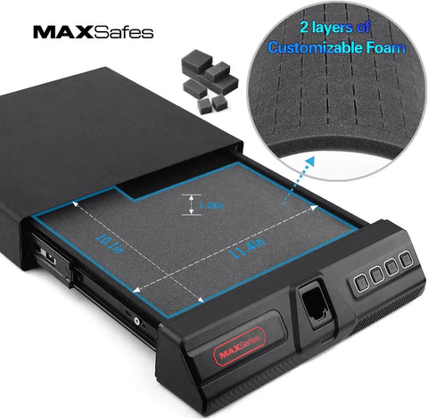 Quick Draw Under Desk Gun Safe With Biometric Finger Vein Lock, Spacious Slot For Two Handguns And Mags, Solid Steel Security Box For Home Or Rig, Ca Doj Approved with customizable foam interior.