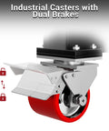 Industrial caster with dual brakes on 3 Ton Portable Gantry Crane With 6600 Lbs Load Capacity, Adjustable Height 8.53 To 12.47 Feet.