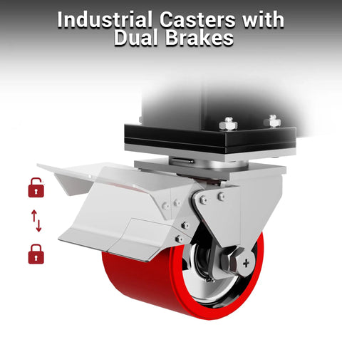 Industrial caster with dual brakes on 3 Ton Portable Gantry Crane With 6600 Lbs Load Capacity, Adjustable Height 8.53 To 12.47 Feet.