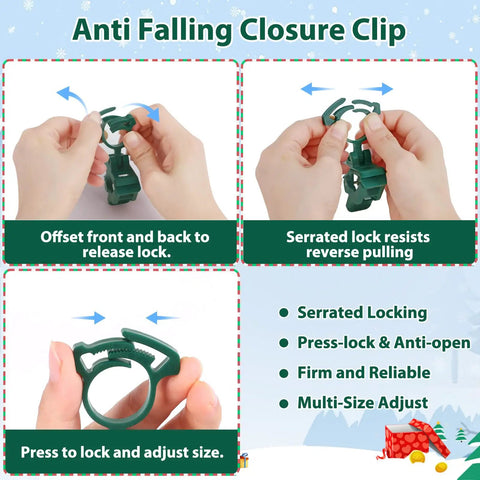 Hands using 100Pcs Self Locking Heavy Duty Christmas Light Clips For C7 C9 Mini Lights Fits E12 And E17 Bases Easy Install.