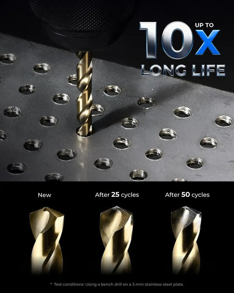 Close-up of 108 Piece Cobalt Drill Bit Set in action showing wear over cycles on metal, highlighting long life for hardened metals.