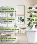 Indoor hydroponic vertical garden system with 30 pod smart rack and movable tank for growing herbs and lettuce in small spaces.