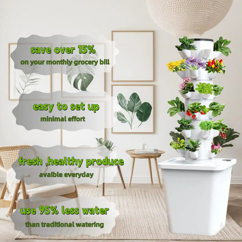 Indoor hydroponic vertical garden system with 30 pod smart rack and movable tank for growing herbs and lettuce in small spaces.