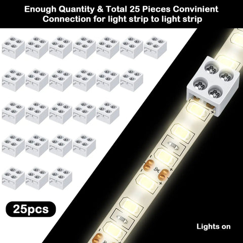 25 Pack Solderless LED Tape Light Connectors Tape To Tape Quick Screw Down Terminal Block 2 Pin For Strip Lights