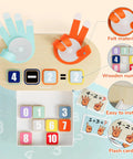 Totally Kid Approved Wooden Number Blocks And Soft Felt Hand Puppets Paired With Double Sided Math Flashcards For Super Fun Preschool Addition Learning on display with colorful felt hands and wooden numbers.