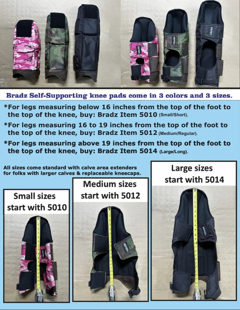 Self Supporting Knee Pads With Removable Shin Guards in three colors and sizes, featuring Velcro knee caps and tool pouches.