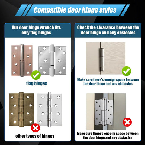 Door Hinge Adjustment Tool For Flag Style Hinges 14-19mm Double Head Heavy Duty Hinge Gap Wrench For Residential And Cleanroom Doors Repair Professional Grade And DIY Friendly, Helps Speed Gap Fix On Flag Style Hinges With 14-19mm Range. Compatible flag hinges shown with clearance checks.