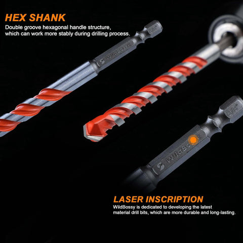 Three WildBoss hex-shank carbide masonry drill bits shown; part of a 10-piece set for concrete, tile, brick