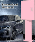 Heavy Duty Electric Vehicle Charger Protective Cover With Tough As Nails Cable Storage Box And Wall Mount Bracket For Home Charging Stations Galvanized Steel Outdoor Shield in rain, displayed beside a car.