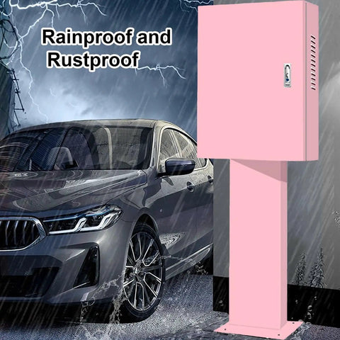 Heavy Duty Electric Vehicle Charger Protective Cover With Tough As Nails Cable Storage Box And Wall Mount Bracket For Home Charging Stations Galvanized Steel Outdoor Shield in rain, displayed beside a car.