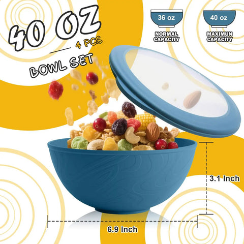 Wheat Straw Bowls Set With Lids, 40 Oz Unbreakable Cereal Bowls, 4 Piece Lunch Containers, open blue bowl with cereal inside