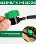 Illustration of 50 Pack 1/4 Inch Drip Irrigation Shut Off Valves With Barbed Fittings For 1/4 Inch Tubing, showing easy assembly.