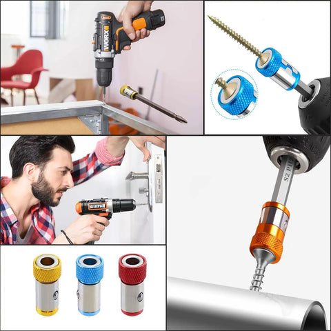 Collage of Three Piece Magnetic Screw Ring Clamp Set with screws and shanks in various DIY home repair situations.