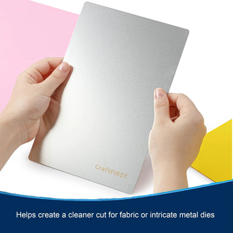 Hands holding 6x9 Inch Metal Cutting Plate For Die Cutting Accessories, 304 Stainless Steel, Thin Yet Tough, Durable Silver Plate