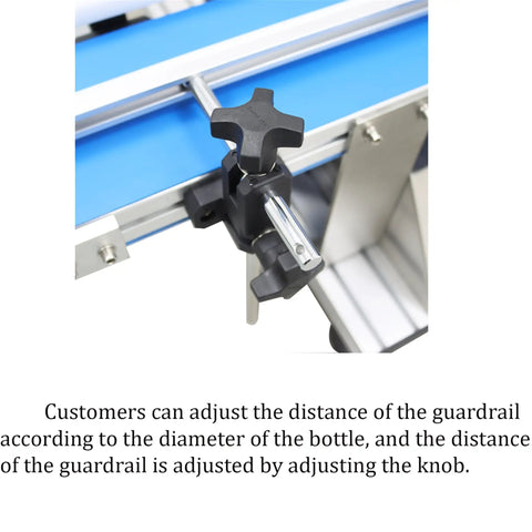 Close-up of guardrail adjustment knob on Ready To Go Automatic Desktop Conveyor Round Bottle Labeler with stainless steel body.