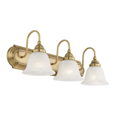 Antique Brass Bath Vanity Light With White Alabaster Glass Shades 24 Inch Wide Eight And A Half Inch Deep Steel Model 1003 01