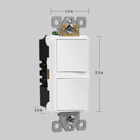 Go-To Dual Paddle Rocker Decorator Light Switch For Homes And Offices, Single Pole 15A 120-277VAC, White Finish, Side View
