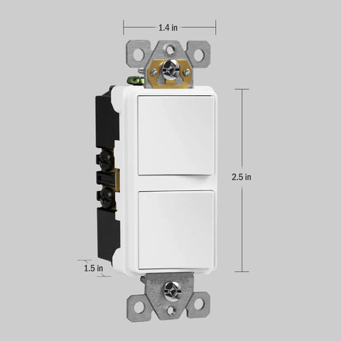 Double Paddle Rocker Decorator Switch Gloss White Clamp Type Wiring Copper Wires Only Single Pole Residential And Commercial Grade 15A 120 To 277VAC 5 Pack with dimensions 2.5 x 1.4 x 1.5 inches