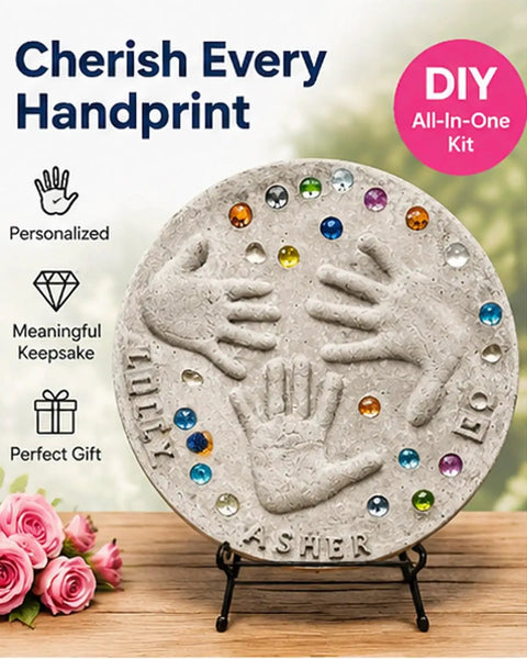 DIY Handprint Stepping Stone Kit For Garden Easy No Mess Large 14 Inch Cement Footprint Stone Concrete Mold with colorful gems