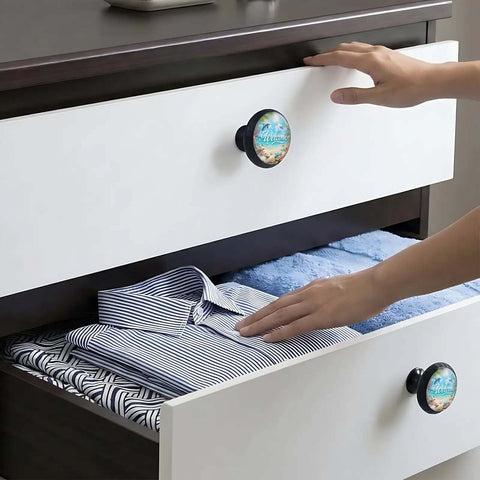 Set Of 4 Acrylic Beach Dolphin Cabinet Knobs Round Drawer Pulls For Kitchen Dresser Wardrobe Cupboard With Ocean Life Theme installed on drawer