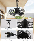 20 Inch Outdoor Ceiling Fan With Light For Patio And Gazebo, Waterproof Caged Design With Hanging Hook, 6 Speed Reversible Motor, Plug In