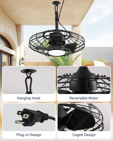 20 Inch Outdoor Ceiling Fan With Light For Patio And Gazebo, Waterproof Caged Design With Hanging Hook, 6 Speed Reversible Motor, Plug In
