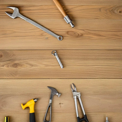 Heavy Duty Stainless Steel Folding Fan Rivet Nut Repair Kit Featuring Five Sets Of Tight Grip Shaft Fasteners For Smooth Cruising Motion And No Sweat Handheld Fan Revamp with tools on wooden surface.