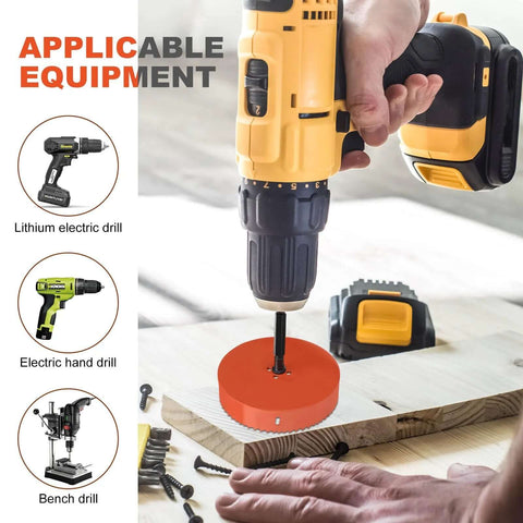 Storystore 6-inch hole saw kit with orange dust bowl for recessed lights, used with cordless drill.