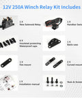 Heavy Duty 12V 250A Beefy Winch Solenoid Relay Contactor With Rocker Thumb Switch Mounting Brackets Terminal Caps And Handle Bar Control For ATV UTV 1500 Lb To 5000 Lb Capacity kit parts laid out
