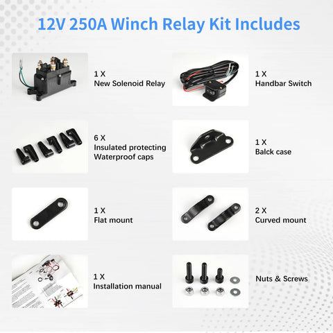 Heavy Duty 12V 250A Beefy Winch Solenoid Relay Contactor With Rocker Thumb Switch Mounting Brackets Terminal Caps And Handle Bar Control For ATV UTV 1500 Lb To 5000 Lb Capacity kit parts laid out