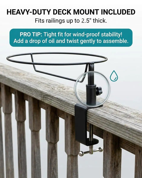 Heavy-duty deck mount for Built Tough As Heck Metal Bird Bath Replacement Bowl, fitting railings up to 2.5 inches thick.