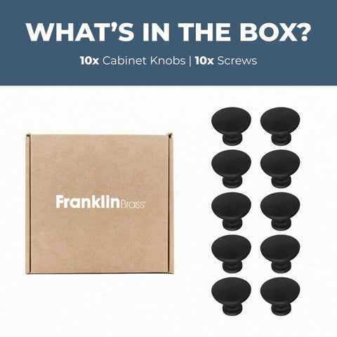 Fulton Matte Black Round Cabinet Knobs 1-3/16 Inch Easy Install Durable Hardware 10 Pack with cardboard box