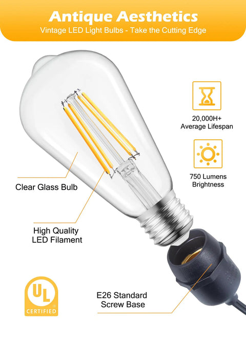 12 Pack Vintage LED Edison Bulbs 6W Like 60W Old School Filament Glow With CRI 80 Plus E26 Base Non Dimmable Clear Glass