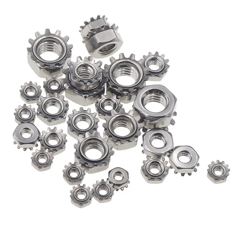 Stainless Steel Keps Nuts With K-Lock Lock Washers And Tooth Washers Hex Nuts Assortment Kit 170 Pieces Sizes 4-40 To 5/16-18 UNC 304/420 Stainless For DIY And Pro Hardware Projects.